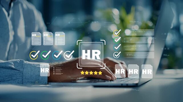 Enterprise human capital management platform with animated HR icon, employee performance documents, workforce analytics dashboard and digital personnel administration