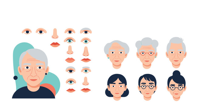 Avatar creator generator set with facial features and portraits of senior men and women, vector character design.