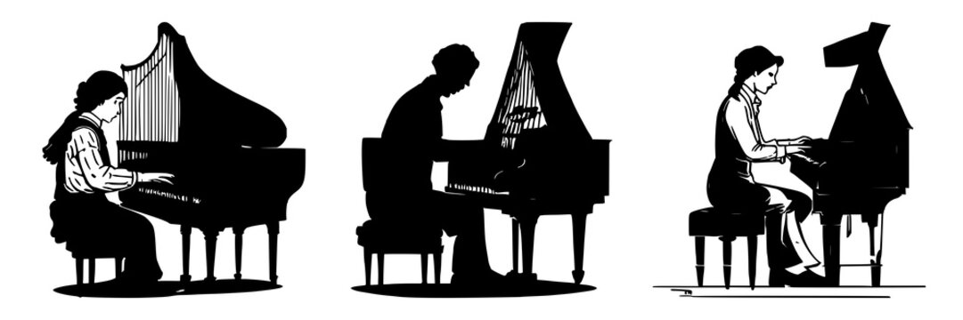 Continuous line drawing of a person playing a harpsichord set with minimalist thin line featuring Baroque musical art, white background, and line art illustration