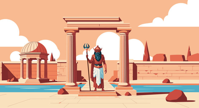 Mighty ancient Greek god standing proudly with a trident inside historic temple ruins under a warm orange sky.