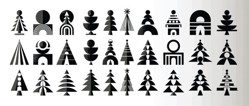 Abstract Geometric Christmas Tree Vector Set, Modern Minimalist Black Pine Icons.