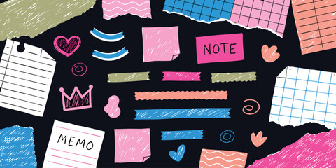 Cute scrapbook vector element collection with colorful torn paper pieces sticky notes memo pad and masking tape doodles. © Shofikul islam