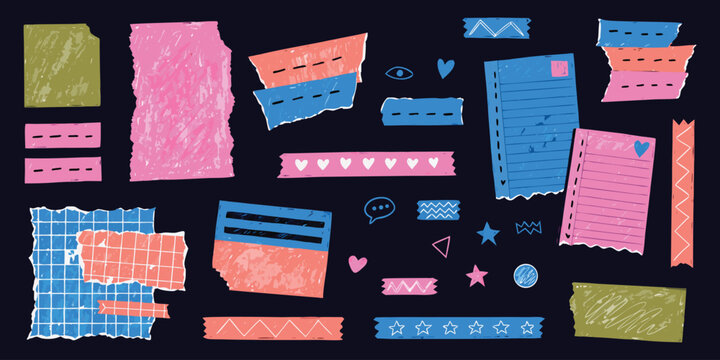 Cute scrapbook paper element vector set with colorful torn notes sticky tabs and masking tape doodles.