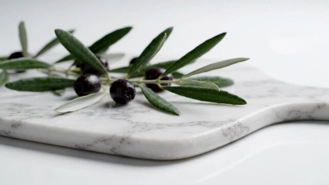 Fresh Black Olives on White Marble Board