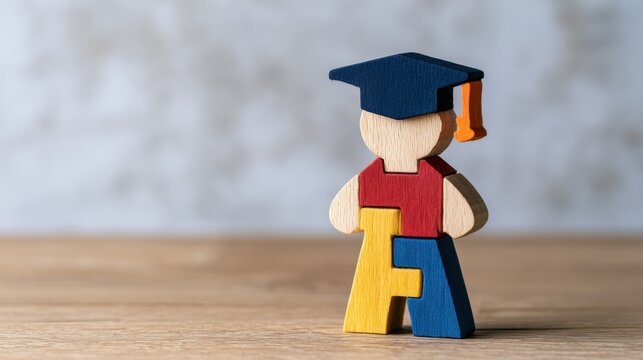 Wooden puzzle figure wearing a graduation cap on a wooden desk. Education and graduation concept for.