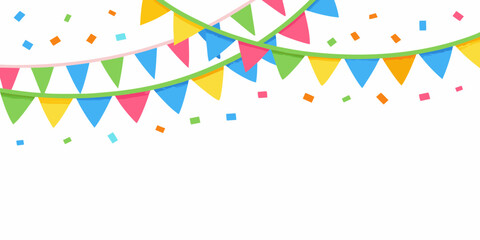 Fototapeta premium Colorful triangular pennant banner vector illustration with confetti
