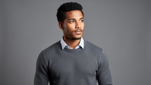 confident young diverse man portrait in smart casual wear against seamless gray studio backdrop for professional corporate advertising