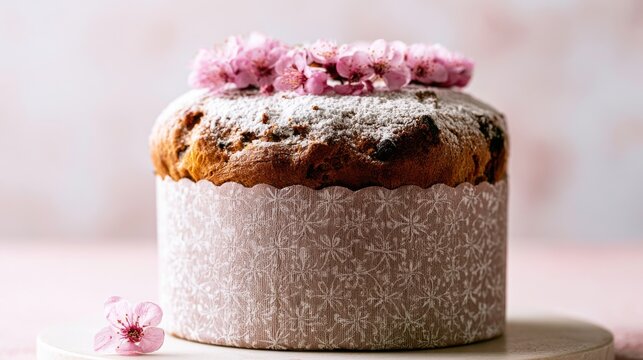 A traditional sweet bread decorated with pink spring flowers. Ideal for Easter celebrations.