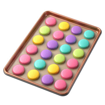 A baking sheet filled with colorful macarons in pastel shades, ready for baking.