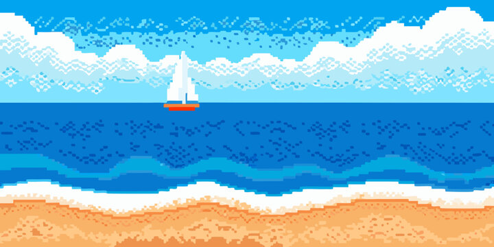Pixel art landscape featuring a sailboat blue sea and sandy beach