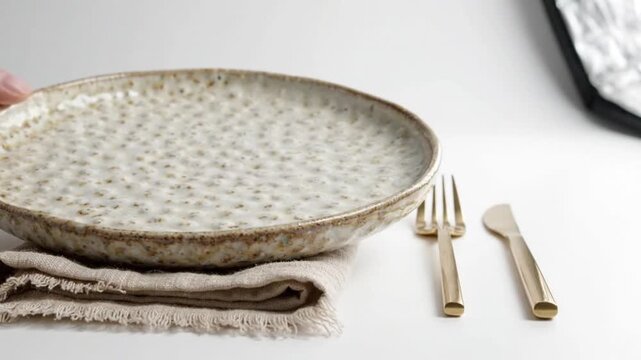 Setting a Textured Ceramic Plate on a White Table