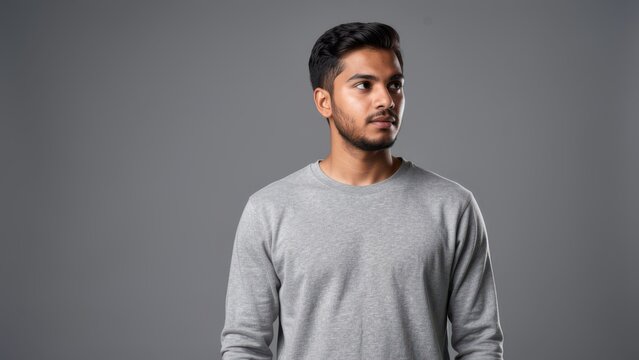 thoughtful portrait of diverse young man standing against smooth gray background softbox lighting corporate branding available for lifestyle advertising mockup copy