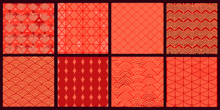 Geometric pattern swatches repeating red and coral designs