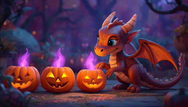 Cute cartoon baby dragon sitting near glowing Halloween pumpkins with purple fire flames