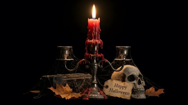 Happy halloween new colorful concept featuring a glowing candle with a skull and autumn leaves on black