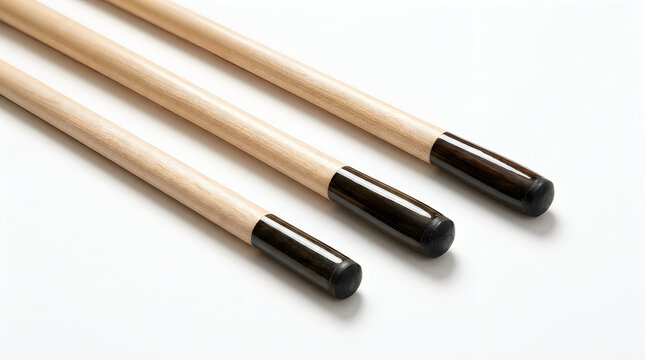 Three wooden billiard pool cues lined up illustration