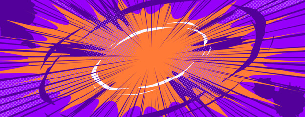 Comic book background with radial lines and dynamic burst effect, abstract vector cartoon banner with halftone texture. Pop art explosion pattern with purple orange rays, vibrant manga bg with flash © klyaksun