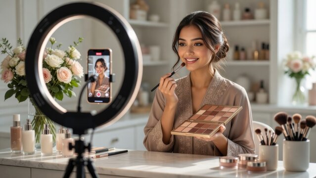 Woman creating beauty tutorial in home studio with makeup tools