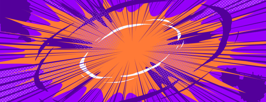 Comic book background with radial lines and dynamic burst effect, abstract vector cartoon banner with halftone texture. Pop art explosion pattern with purple orange rays, vibrant manga bg with flash