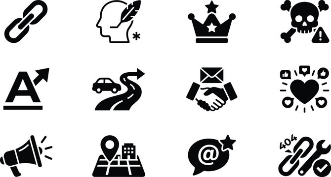 Search engine optimization link building icon set featuring backlink outreach referral traffic domain authority marketing elements vector illustration style