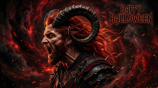 Happy halloween new colorful concept featuring a terrifying horned demon creature in a dark and fiery hellish landscape