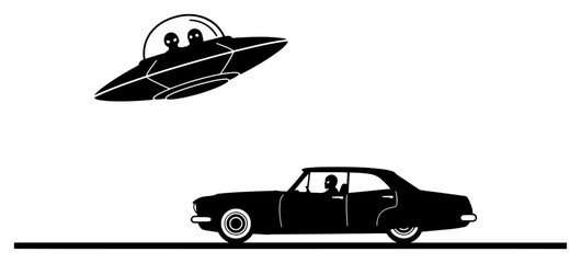 UFO flying saucer chasing classic vintage car retro sci-fi abduction concept vector © Luka