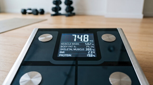 Digital muscle mass scale displaying body metrics, health data on screen. Digital muscle mass scale shows body weight, body fat percentage, skeletal muscle, protein levels for fitness tracking.