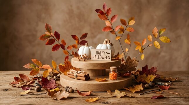 Happy halloween new colorful concept featuring decorative pumpkins and autumn leaves on a rustic wooden display table