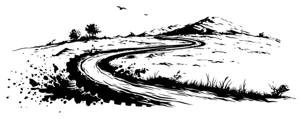 Obraz premium Winding desert road landscape with mountains and hills ink sketch illustration