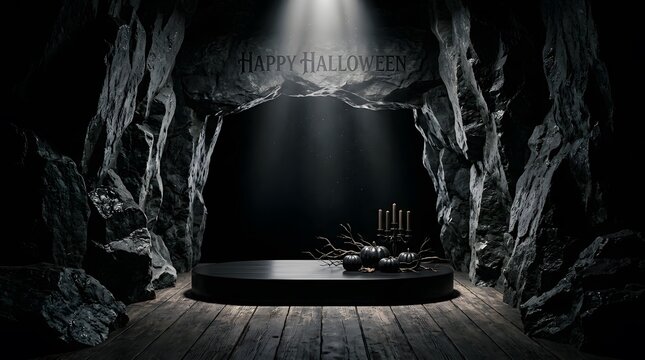 Happy halloween new colorful concept featuring a spooky dark stage with mysterious trees and dramatic spotlight illumination