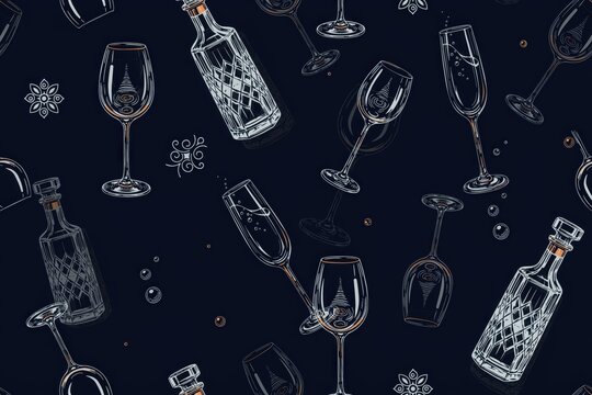 Seamless pattern of crystal decanters and various wine glasses on a dark blue background, hand drawn style beverage and alcohol theme