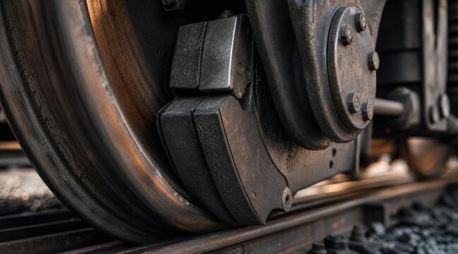 Close up of a rusted train wheel and braking system on railway tracks.