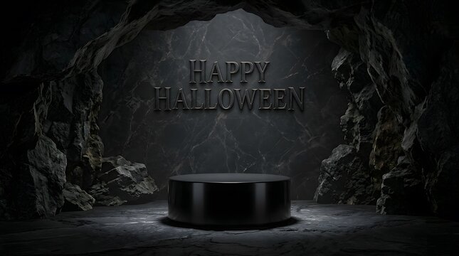 Happy halloween new colorful concept featuring a dark spooky pedestal display for seasonal product marketing and creative promotions