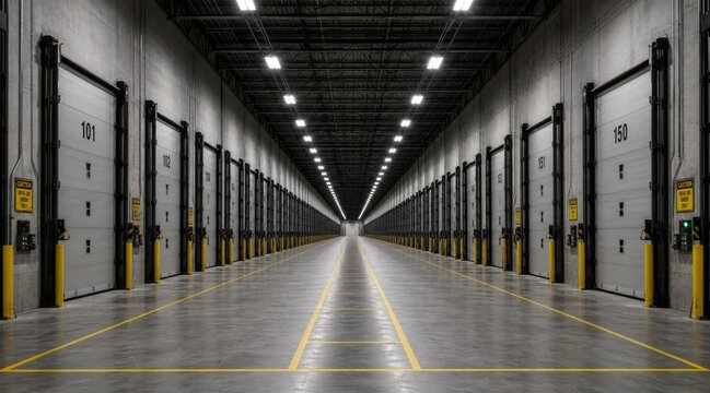 Symmetrical interior view of a vast industrial warehouse corridor with multiple loading dock doors.