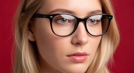 Fototapeta premium Young Woman Wearing Black Eyeglasses Against a Vibrant Red Background.