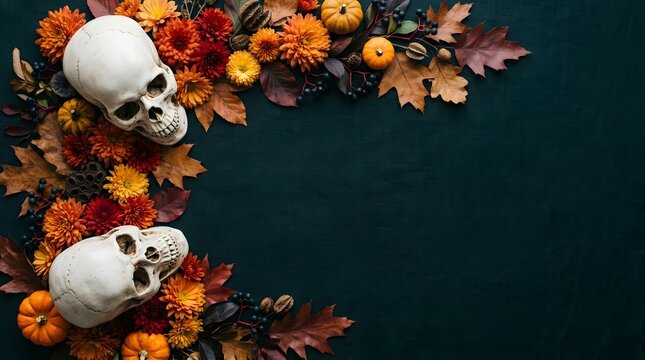 Happy halloween new colorful concept featuring human skulls surrounded by autumn leaves and mini pumpkins on dark background