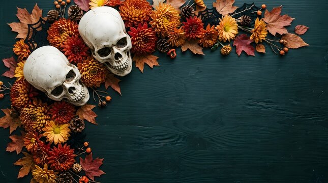 Happy halloween new colorful concept featuring human skulls and autumn leaves on a dark textured background