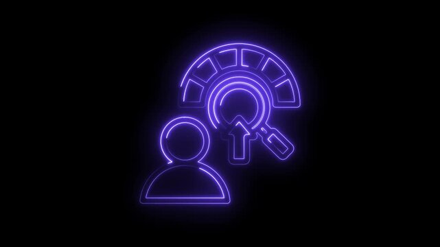 Neon outline of a person icon with a magnifying glass and upward arrow inside a segmented circle