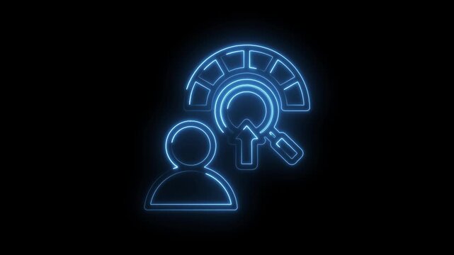 Neon blue outline icon of a person with a magnifying glass and upward arrow symbolizing search