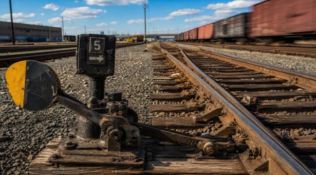 Old Manual Railroad Switch Stand on Industrial Train Tracks.