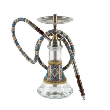 Ornate shisha pipe with patterned hose and decorative glass base, isolated on transparent background.