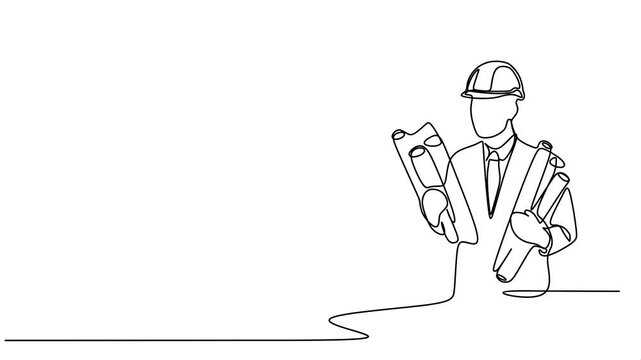 Single continuous animation line drawing of young construction worker. Building architecture business concept. One line draw design vector