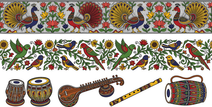 Traditional Indian Folk Art Border and Musical Instruments Set Featuring Madhubani Style Peacocks Parrots Tabla Veena Flute and Dholak Vectors
