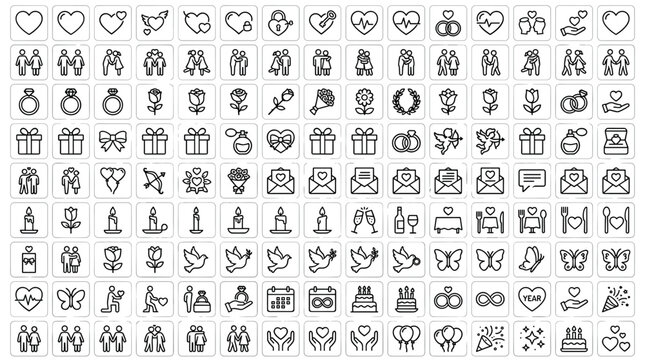  Honeymoon travel and romantic getaway icon set vector illustration with black hand-drawn couple vacation doodle symbols isolated on white background