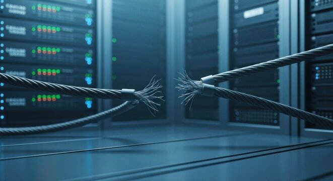 Severed cables in server room, indicating a disruption of the network