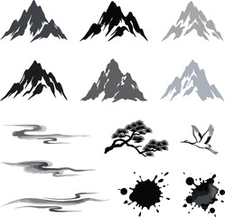 Fototapeta premium Traditional Japanese Ink Brush Mountain Peak Vector Set with Oriental Clouds Pine Bonsai Branch Flying Crane and Calligraphy Splatter Elements