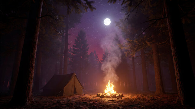 Nighttime wilderness campsite with smoking campfire and tent under full