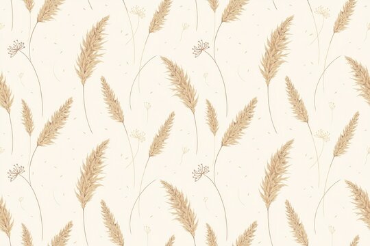 Seamless pattern of hand drawn beige wheat stalks and dried grass sprigs on a light cream background, for rustic textile prints
