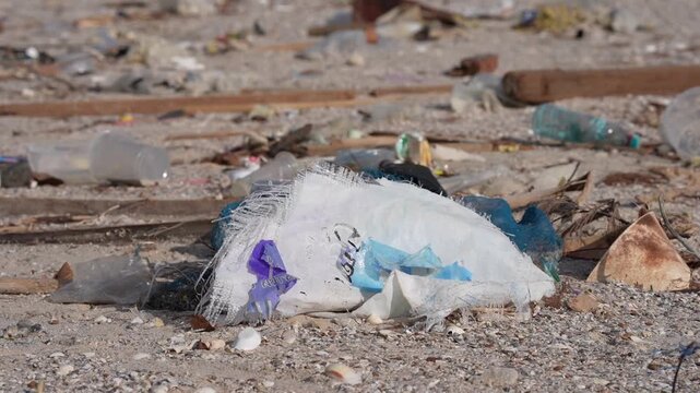 Beach plastic pollution trash waste debris environment cleanup on shoreline sand, ocean litter from discarded bottles bags fishing nets, wildlife habitat crisis, marine contamination urgency