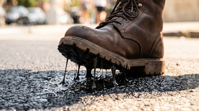Brown leather work boot stepping on sticky asphalt tar.